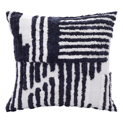22" Blue And White Geometric Cotton Throw Pillow Cover with Tufts