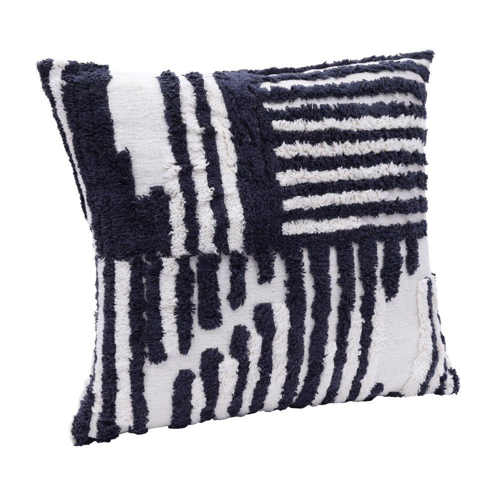 22" Blue And White Geometric Cotton Throw Pillow Cover with Tufts