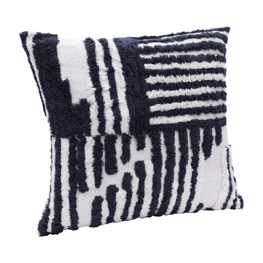 22" Blue And White Geometric Cotton Throw Pillow Cover with Tufts