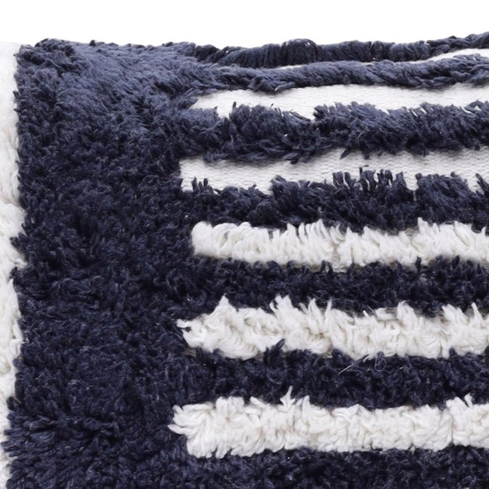 22" Blue And White Geometric Cotton Throw Pillow Cover with Tufts
