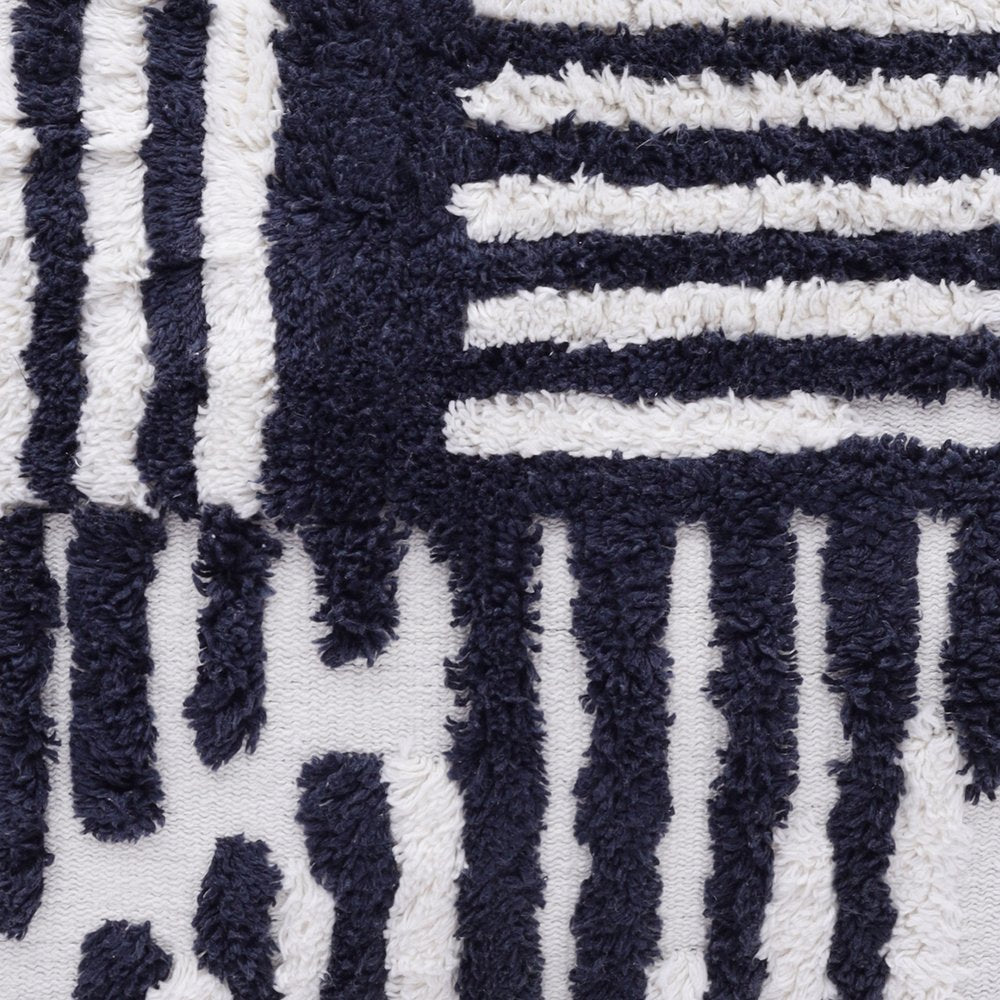 22" Blue And White Geometric Cotton Throw Pillow Cover with Tufts