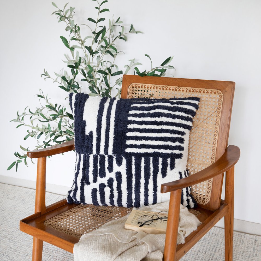22" Blue And White Geometric Cotton Throw Pillow Cover with Tufts