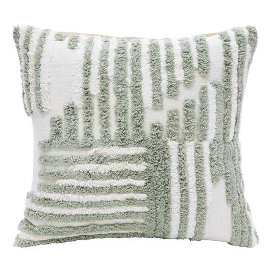 22" Green And White Geometric Cotton Throw Pillow Cover with Tufts