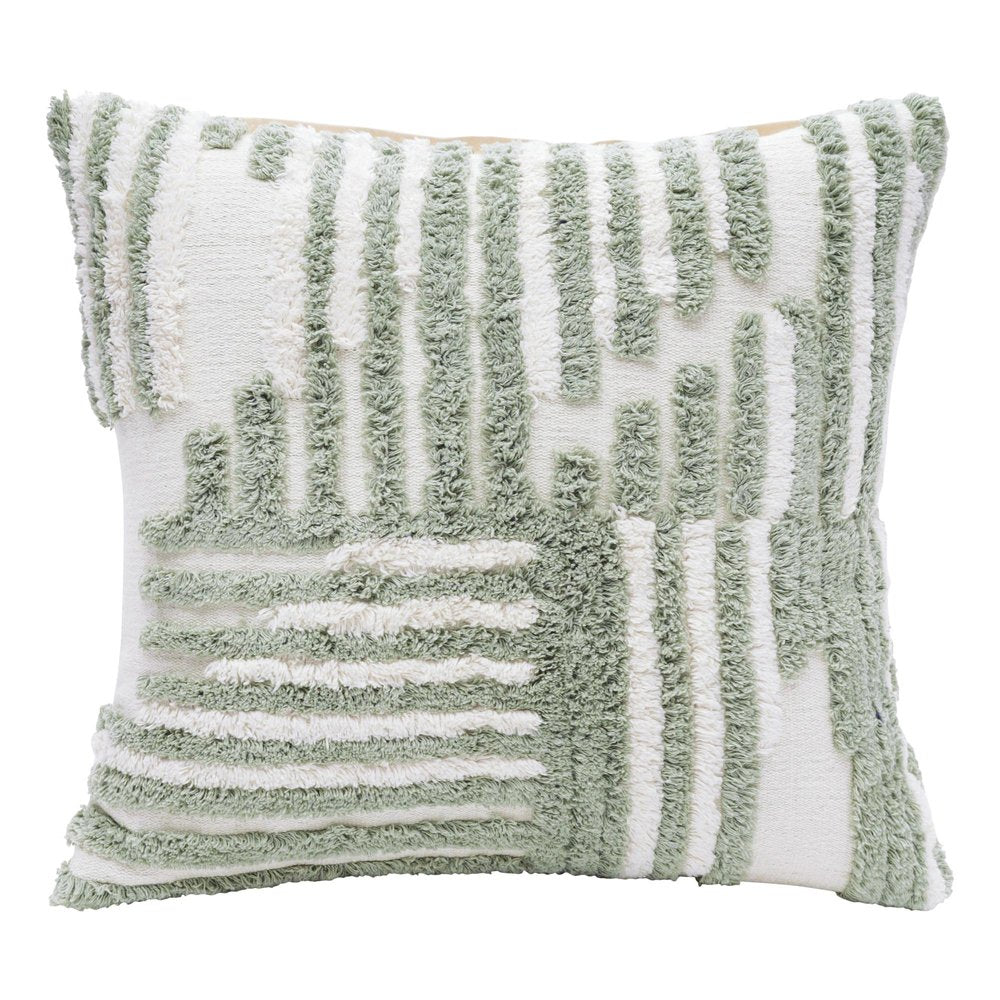 22" Green And White Geometric Cotton Throw Pillow Cover with Tufts