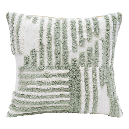 22" Green And White Geometric Cotton Throw Pillow Cover with Tufts