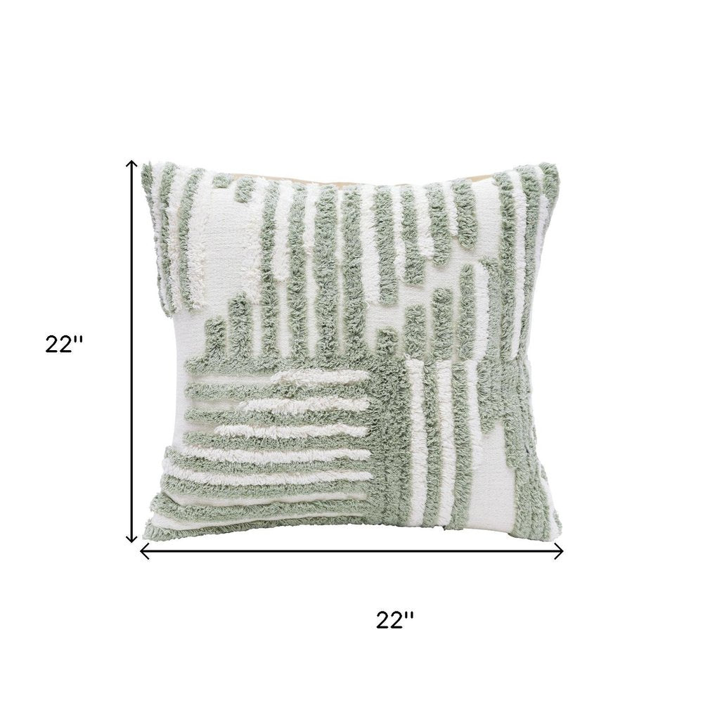 22" Green And White Geometric Cotton Throw Pillow Cover with Tufts