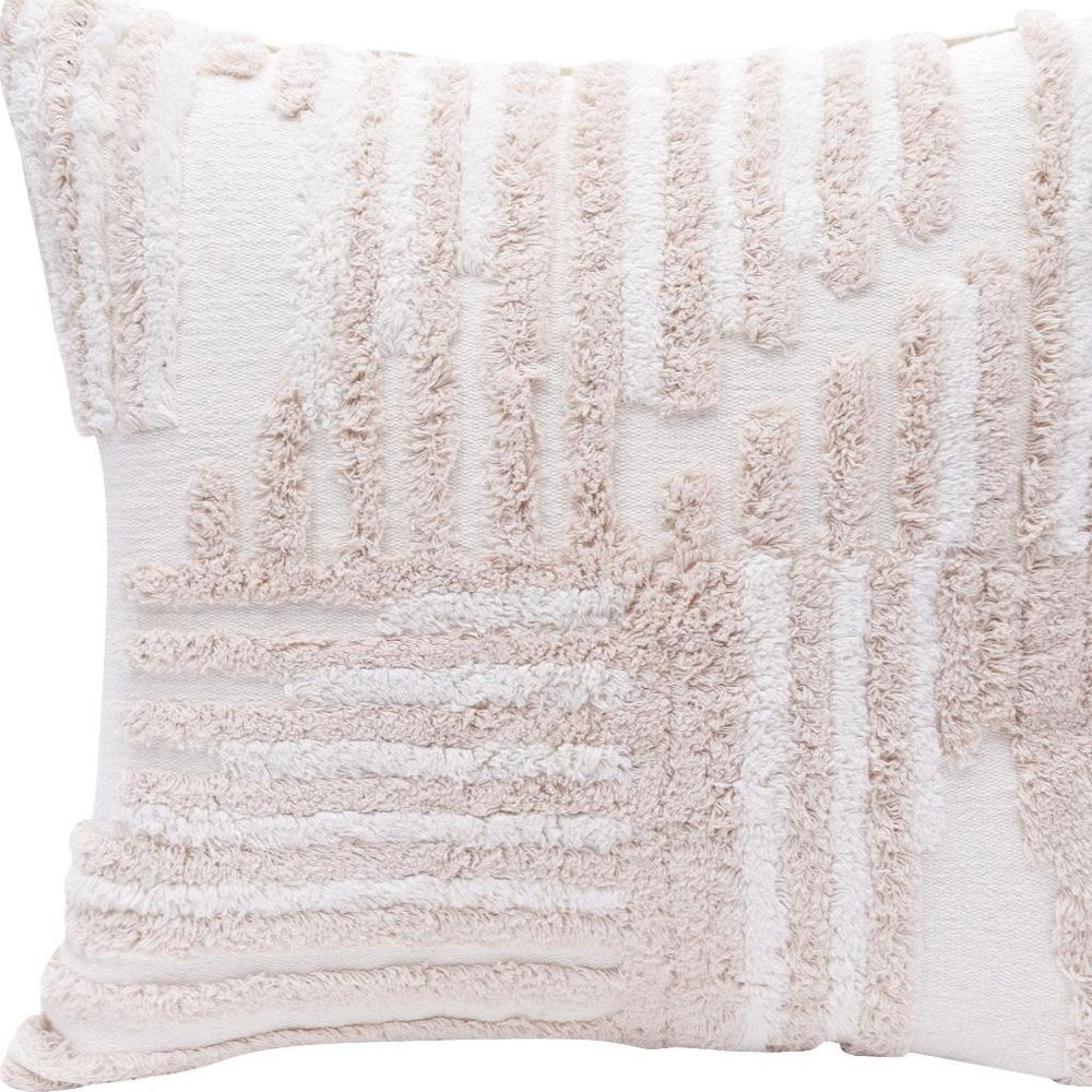 22" Beige And White Geometric Cotton Throw Pillow Cover with Tufts