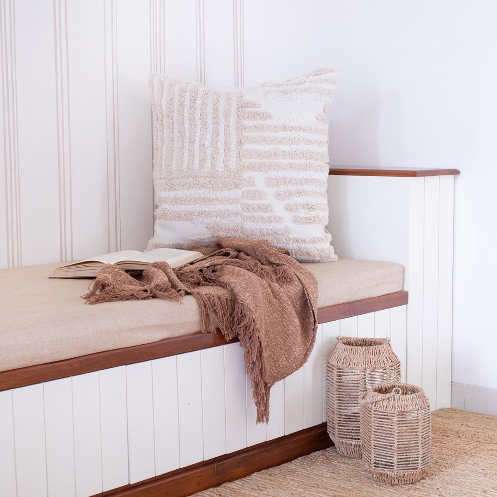 22" Beige And White Geometric Cotton Throw Pillow Cover