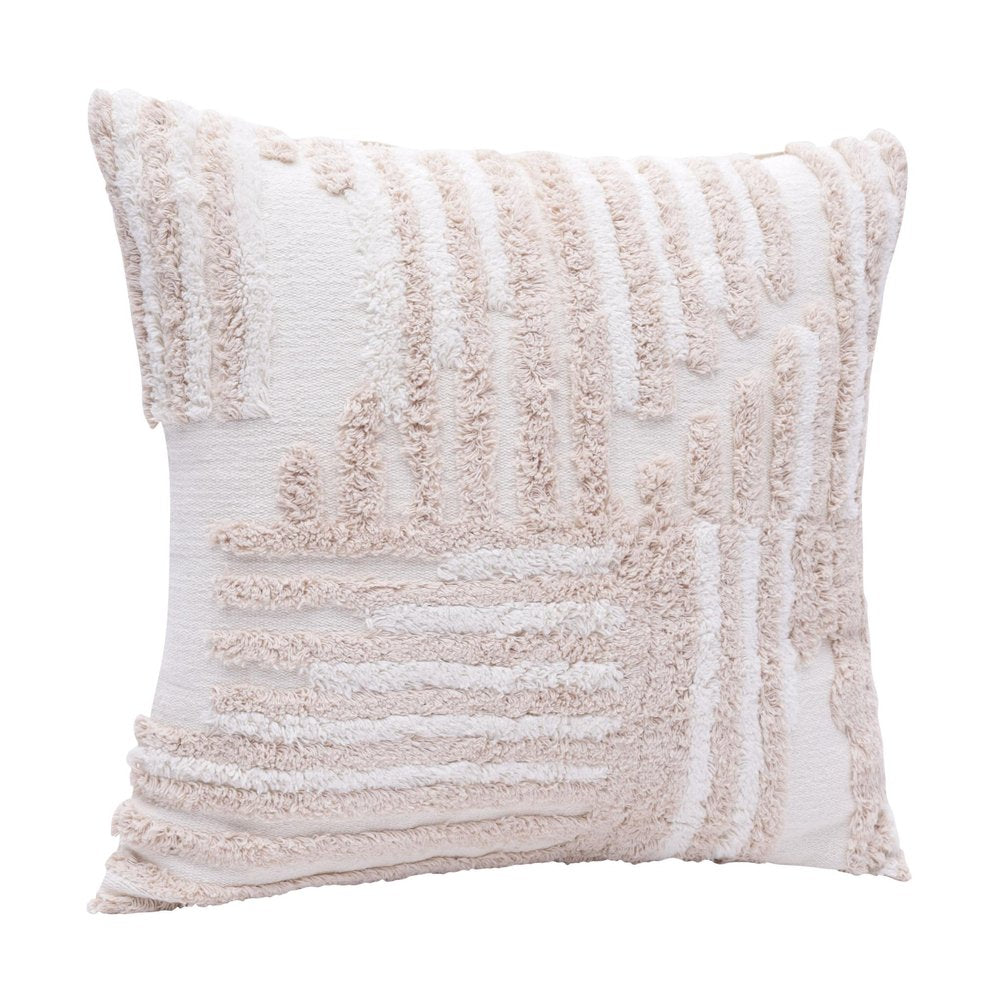 22" Beige And White Geometric Cotton Throw Pillow Cover with Tufts