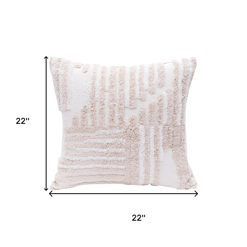22" Beige And White Geometric Cotton Throw Pillow Cover with Tufts