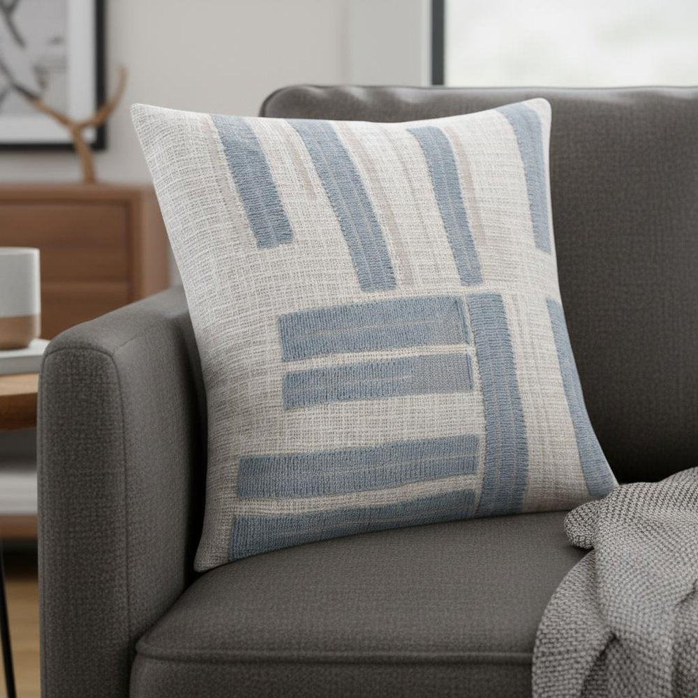 20" Blue And Ivory Striped Cotton Blend Throw Pillow Cover