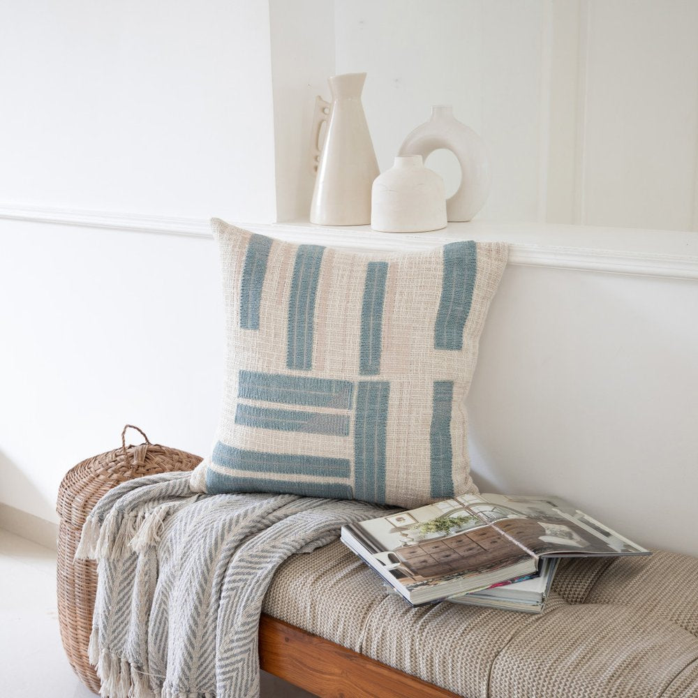 20" Blue And Ivory Striped Cotton Blend Throw Pillow Cover