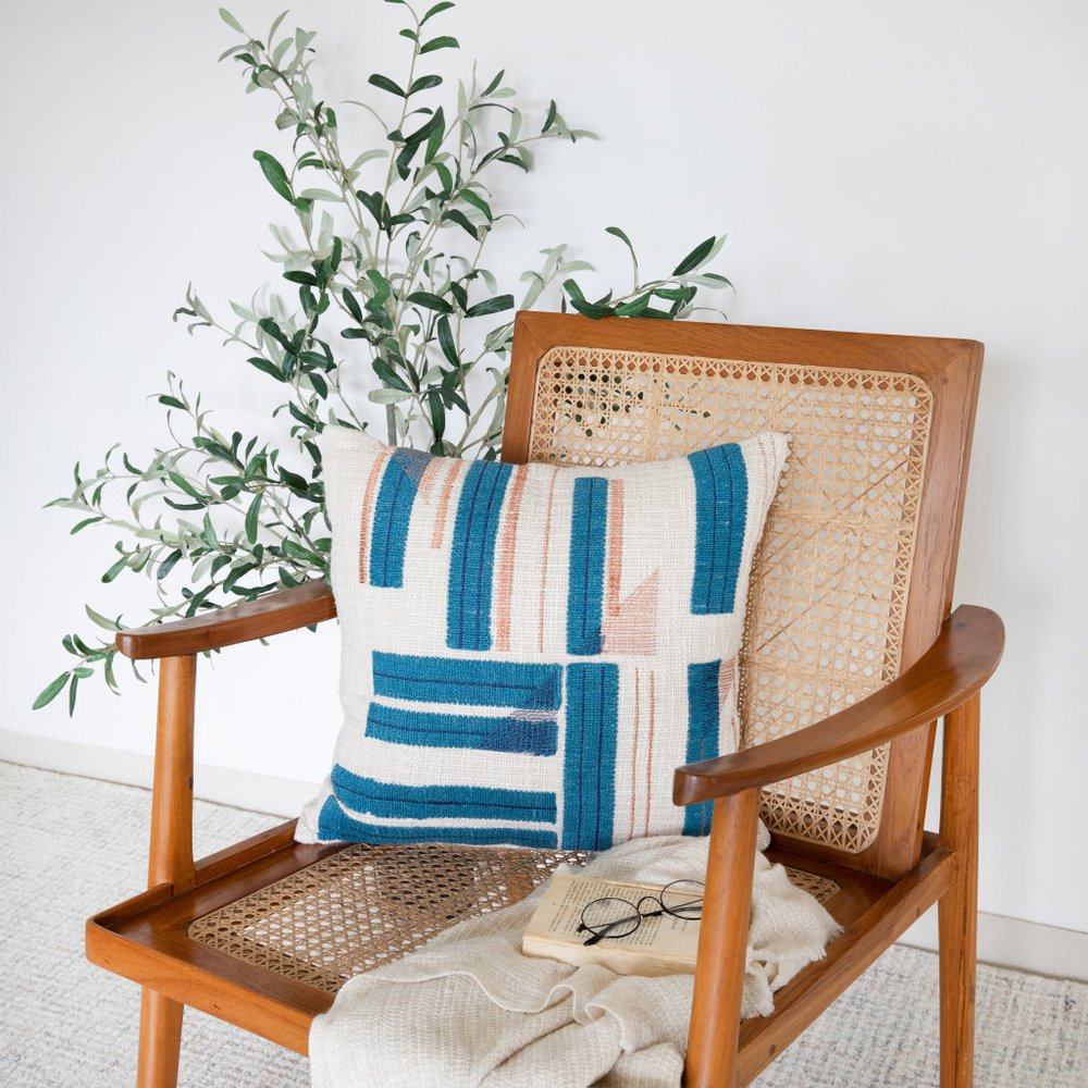 20" Teal And Ivory Striped Cotton Blend Throw Pillow Cover