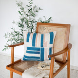 20" Teal Blue And Ivory Striped Cotton Blend Throw Pillow Cover