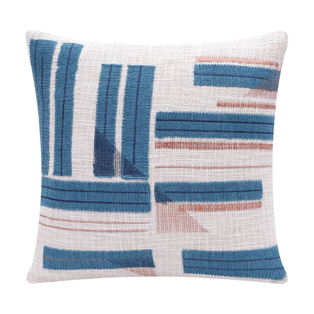20" Teal Blue And Ivory Striped Cotton Blend Throw Pillow Cover