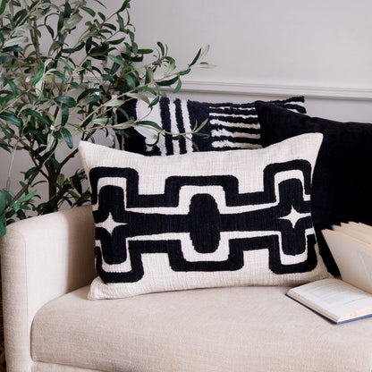 16" X 24" Onyx And Ivory Lumbar Geometric Cotton Blend Throw Pillow Cover