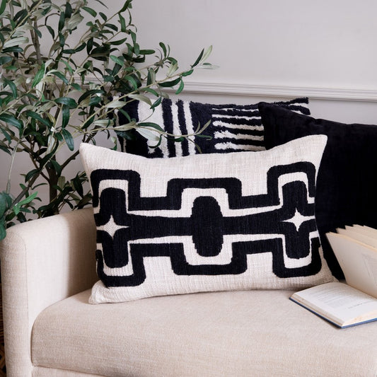 16" X 24" Onyx And Ivory Lumbar Geometric Cotton Blend Throw Pillow Cover