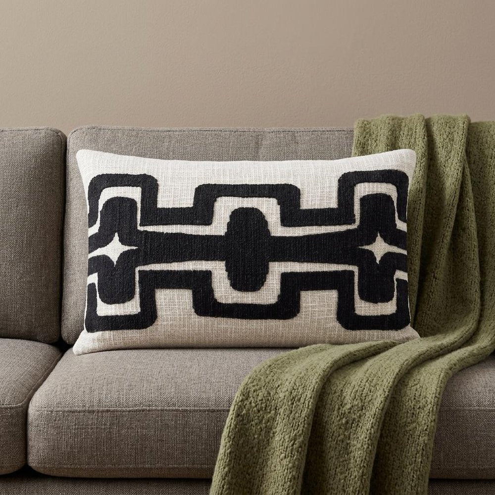 16" X 24" Black And Ivory Lumbar Geometric Cotton Blend Throw Pillow Cover