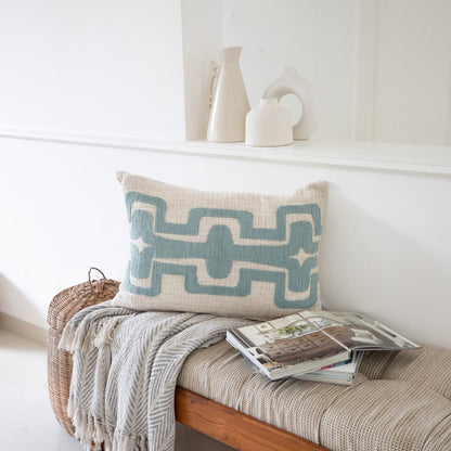 16" X 24" Blue And Ivory Lumbar Geometric Cotton Blend Throw Pillow Cover