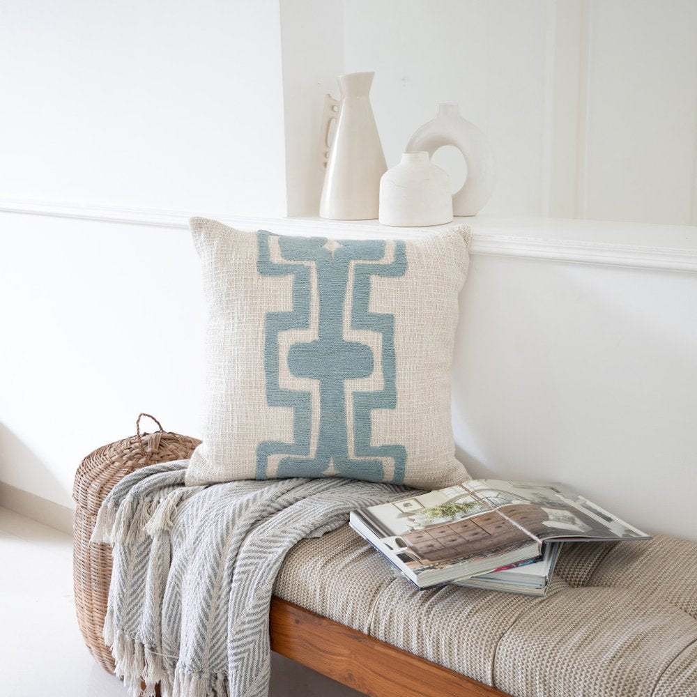 20" Blue And Ivory Geometric Cotton Blend Throw Pillow Cover