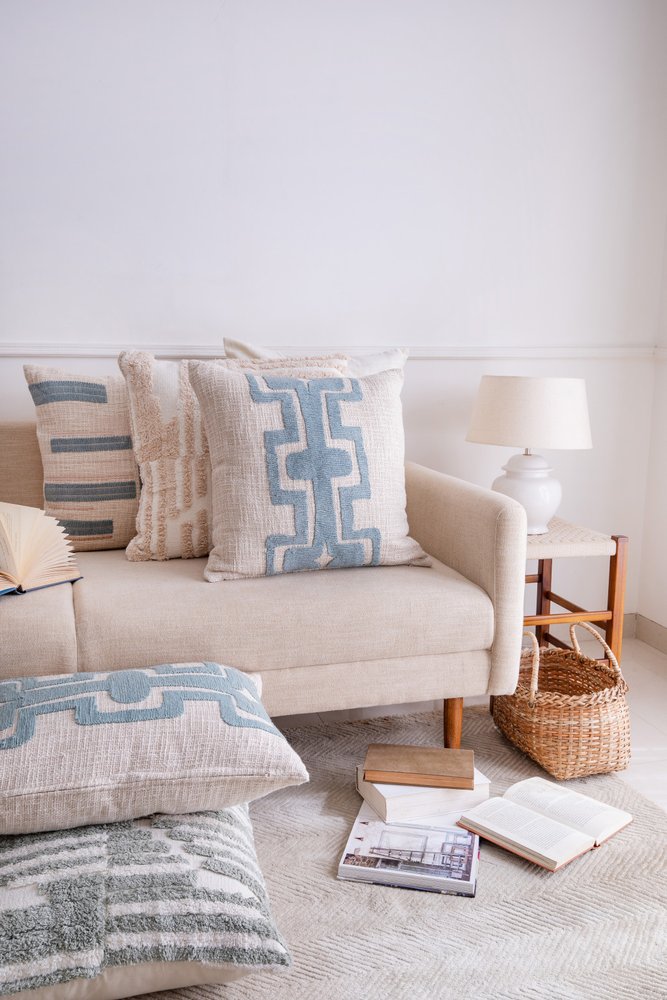 20" Blue And Ivory Geometric Cotton Blend Throw Pillow Cover