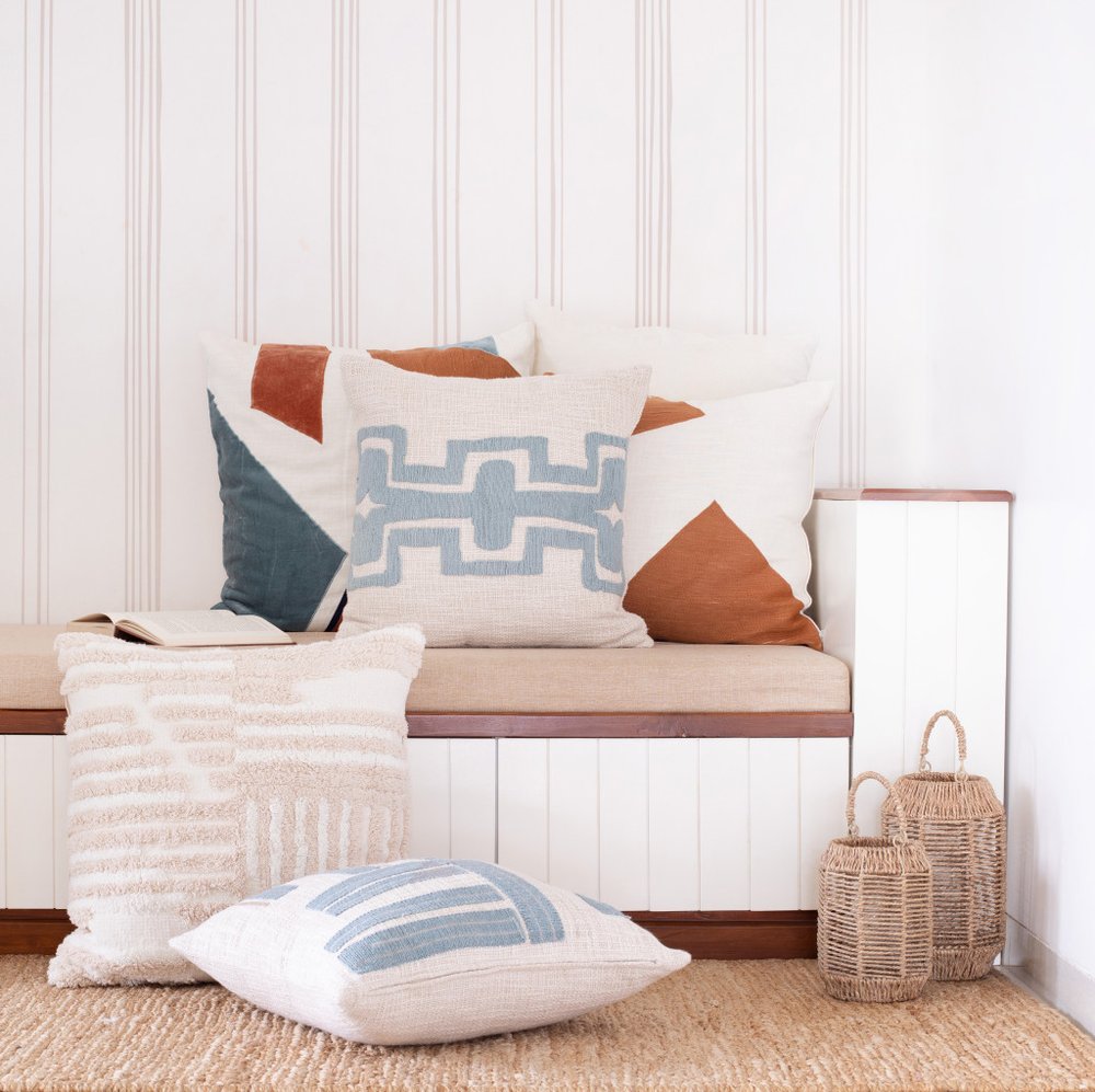 20" Blue And Ivory Geometric Cotton Blend Throw Pillow Cover