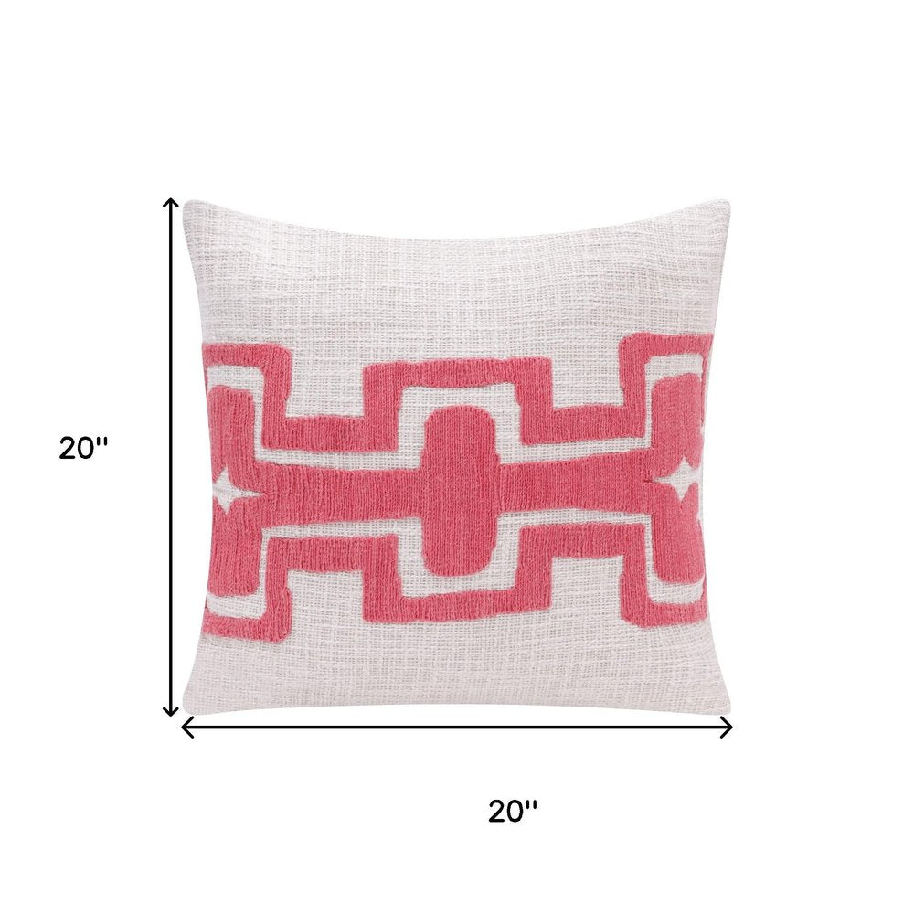 20" Coral And Ivory Geometric Cotton Blend Throw Pillow Cover