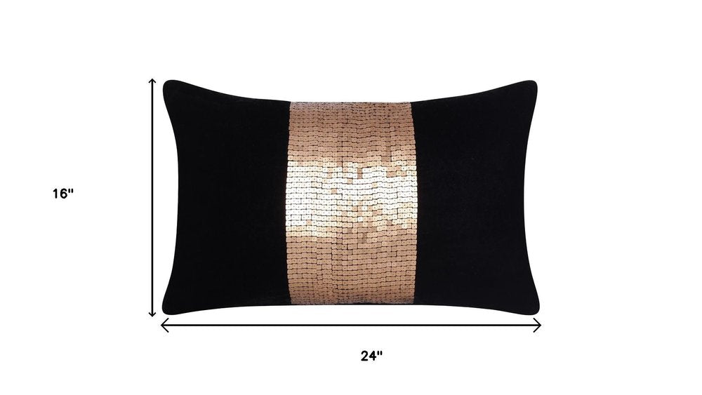 16" X 24" Gold And Black Lumbar Abstract Throw Pillow Cover with Sequin