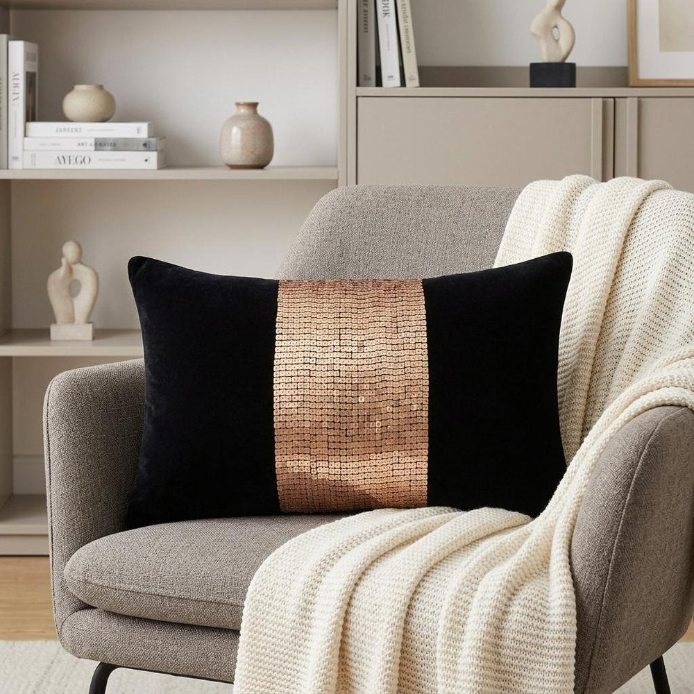 16" X 24" Gold And Black Lumbar Abstract Throw Pillow Cover with Sequin