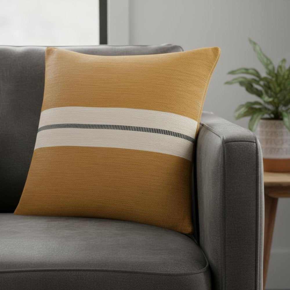 20" Yellow And Ivory Striped Cotton Throw Pillow Cover