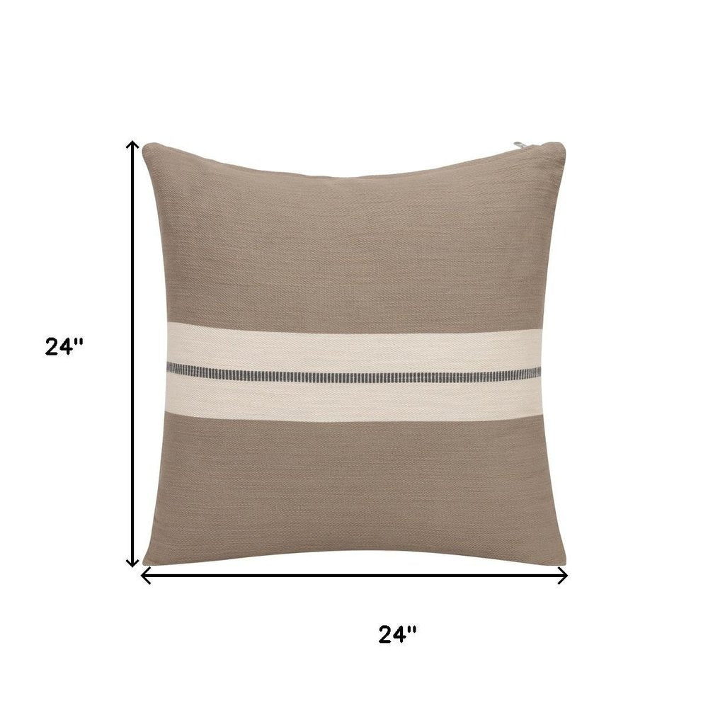 24" Brown And Ivory Striped Cotton Throw Pillow Cover
