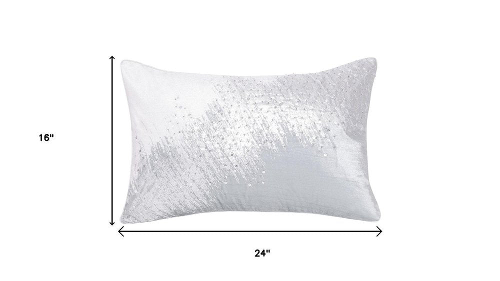 16" X 24" Ivory And Silver Lumbar Abstract Throw Pillow Cover with Sequin