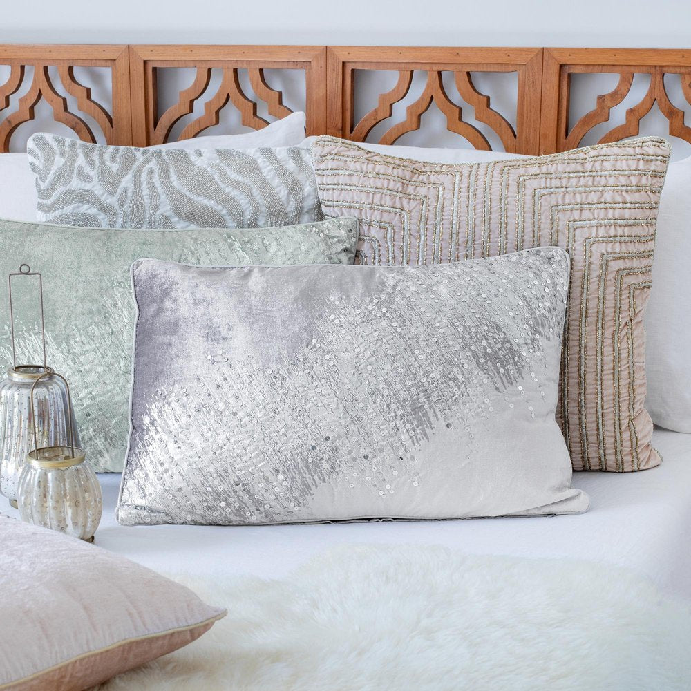 16" X 24" Ivory And Silver Lumbar Abstract Throw Pillow Cover with Sequin