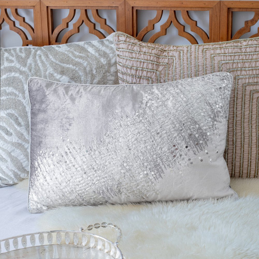 16" X 24" Ivory And Silver Lumbar Geometric Throw Pillow Cover