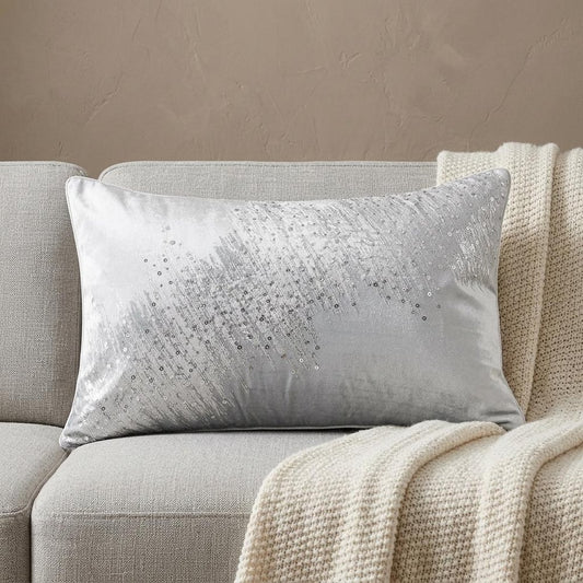 16" X 24" Ivory And Silver Lumbar Abstract Throw Pillow Cover with Sequin