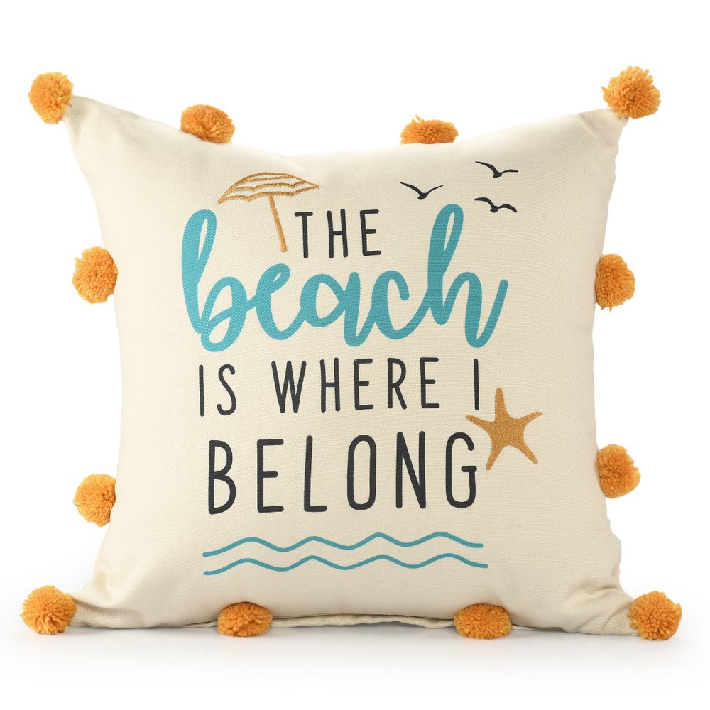 20" Blue Orange And Off White The Beach Is Where I Belong Beach Nautical Throw Pillow Cover with Pompoms
