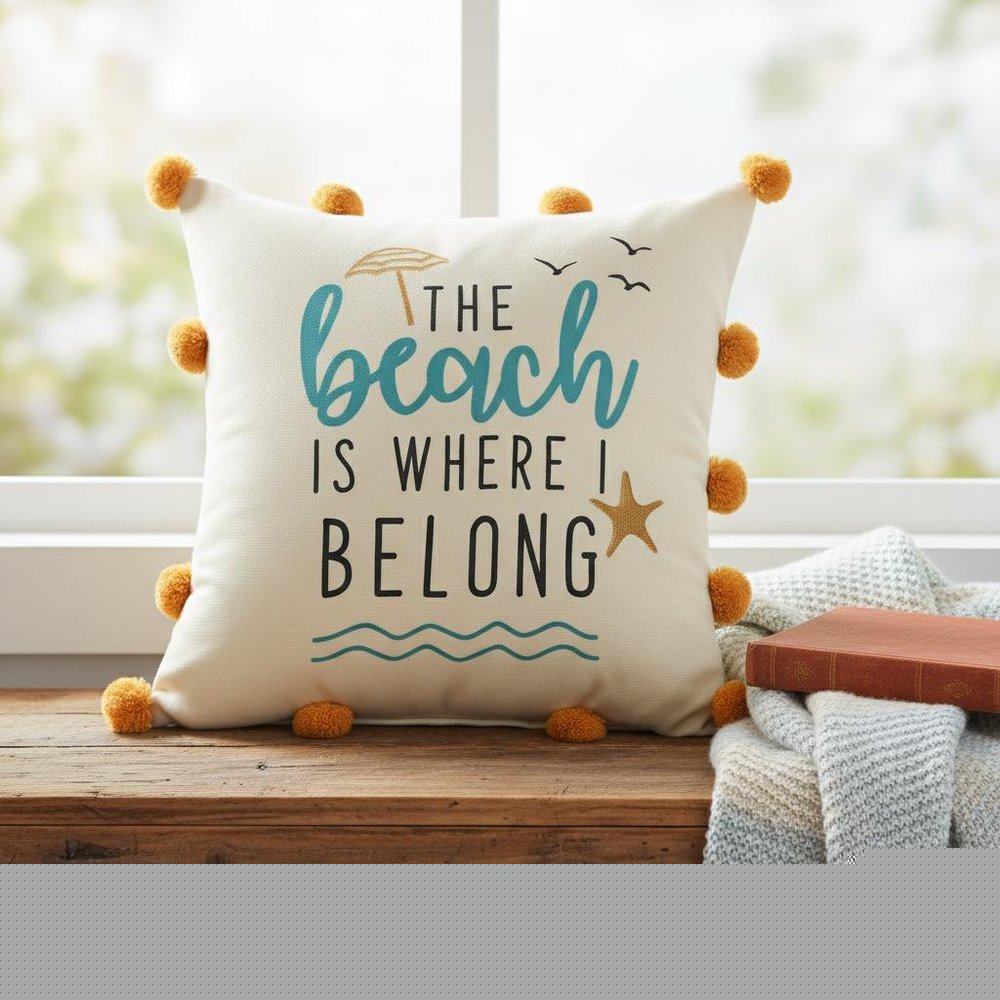20" Blue Orange And Off White The Beach Is Where I Belong Beach Nautical Throw Pillow Cover with Pompoms