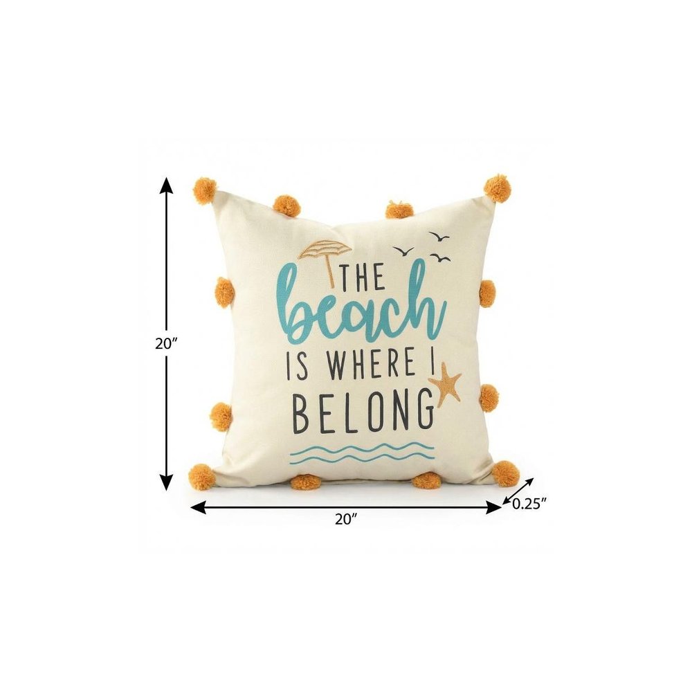 20" Blue Orange And Off White The Beach Is Where I Belong Beach Nautical Throw Pillow Cover with Pompoms