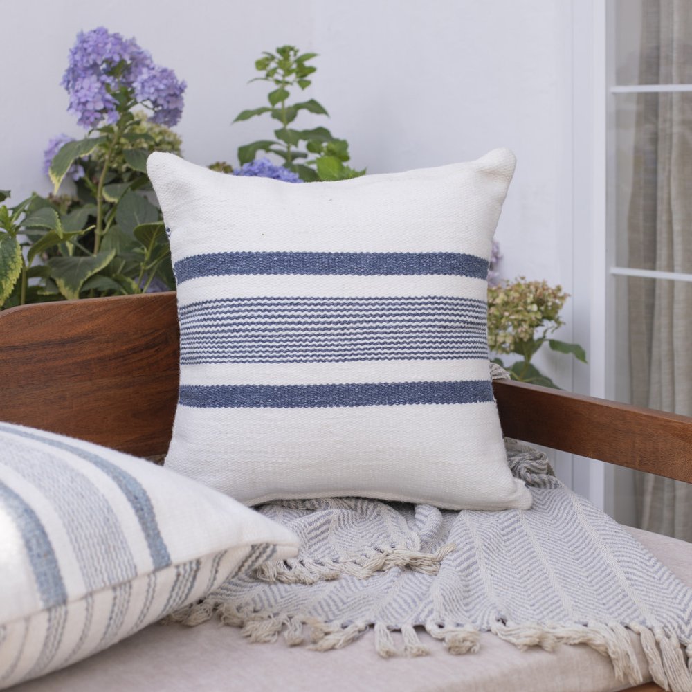 20" Blue And Ivory Striped Recycled Poly Linen Throw Pillow Cover