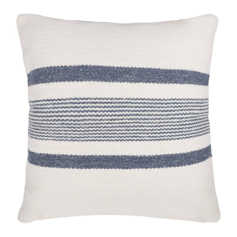 20" Blue And Ivory Striped Recycled Poly Linen Throw Pillow Cover