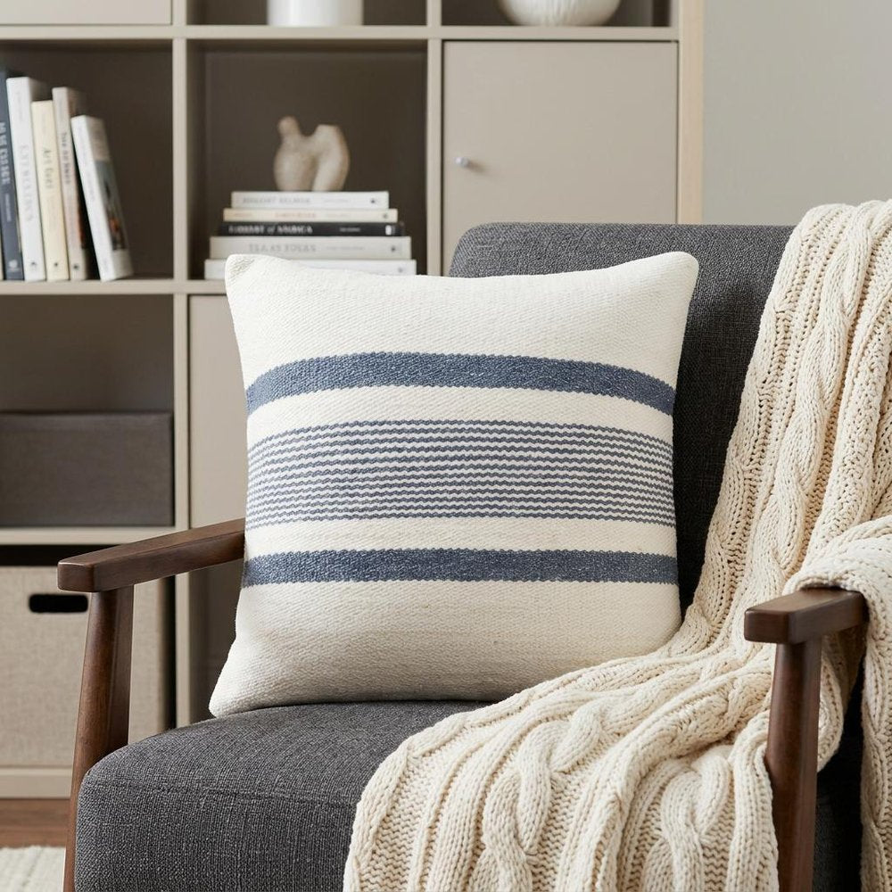 20" Ivory And Blue Beach Striped Throw Pillow Cover