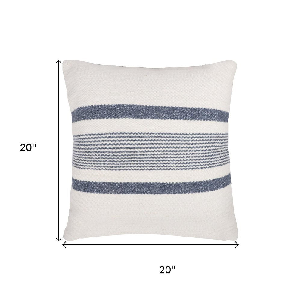 20" Blue And Ivory Striped Recycled Poly Linen Throw Pillow Cover