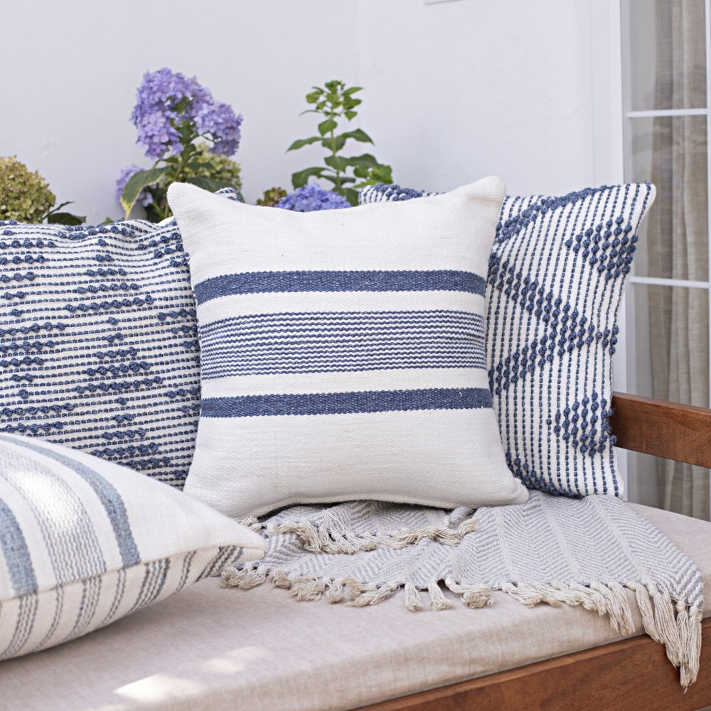 20" Blue And Ivory Striped Recycled Poly Linen Throw Pillow Cover