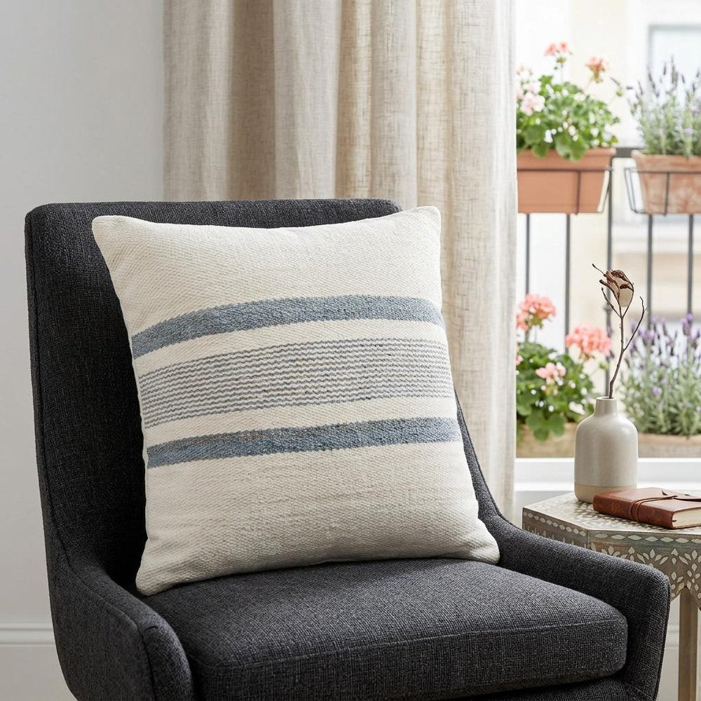 20" Ivory And Blue Beach Striped Throw Pillow Cover