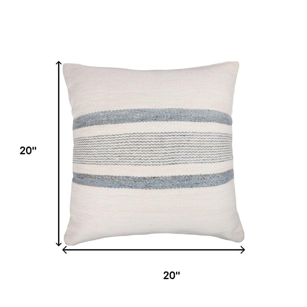 20" Light Blue And Orange Striped Recycled Poly Linen Throw Pillow Cover