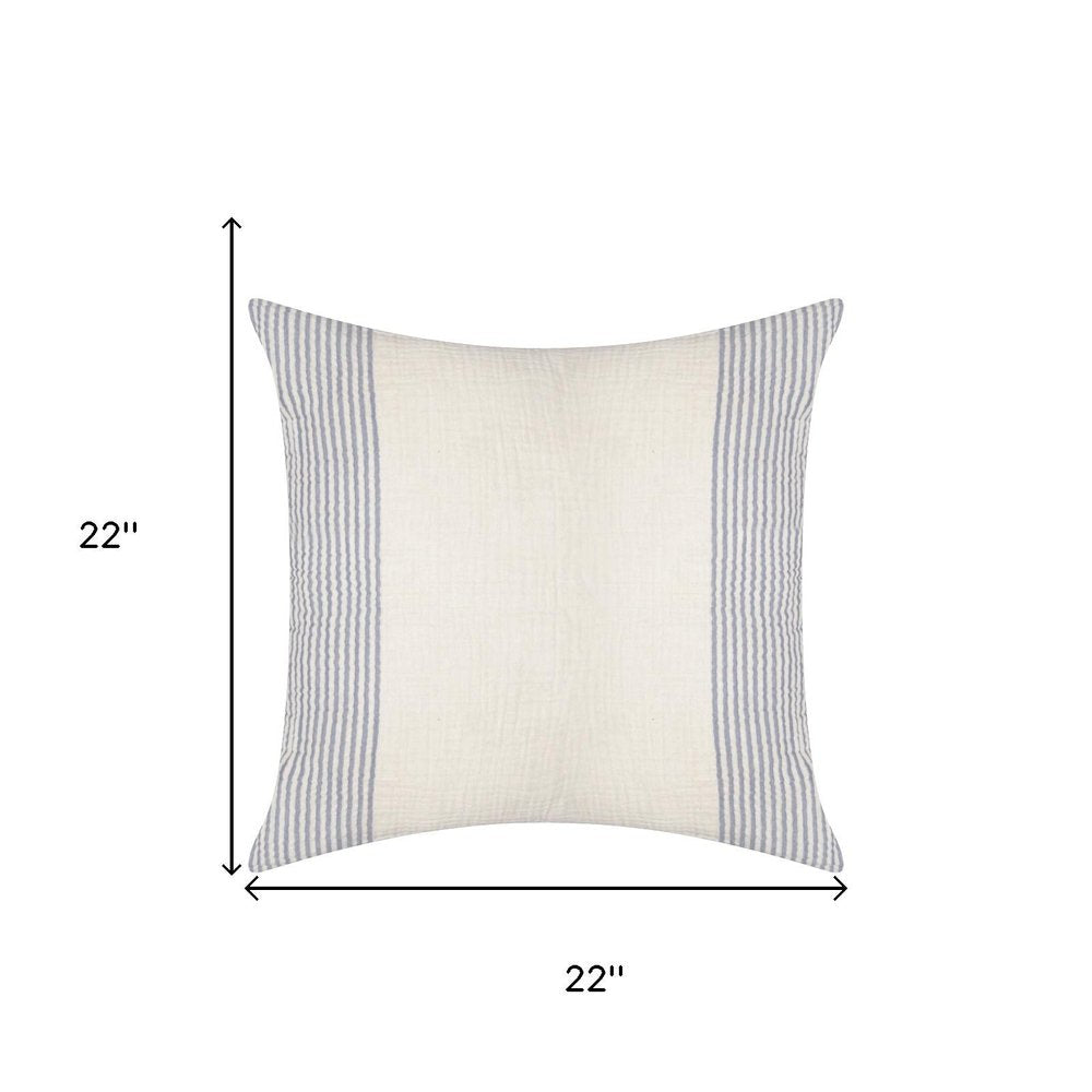 22" Blue And Ivory Striped Cotton Throw Pillow Cover