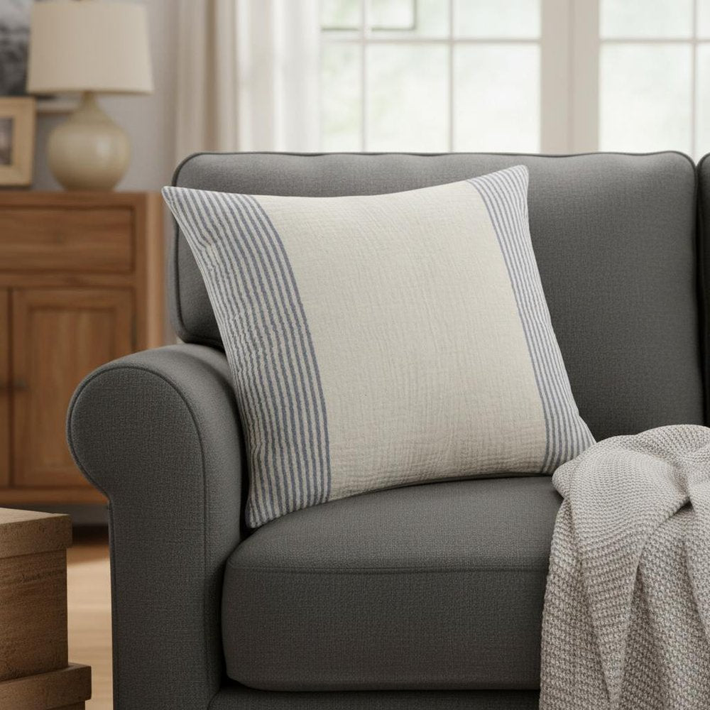 22" Blue And Ivory Striped Cotton Throw Pillow Cover