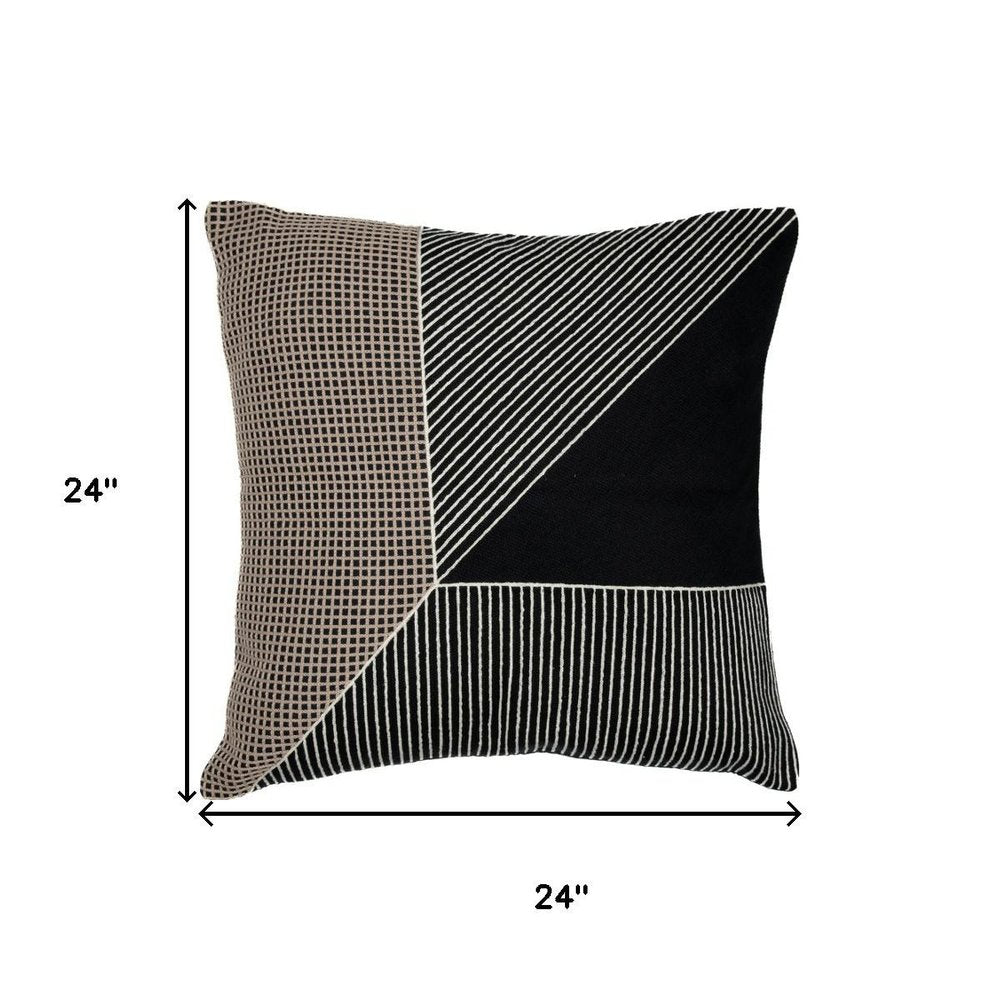24" Black And White Striped Cotton Throw Pillow Cover