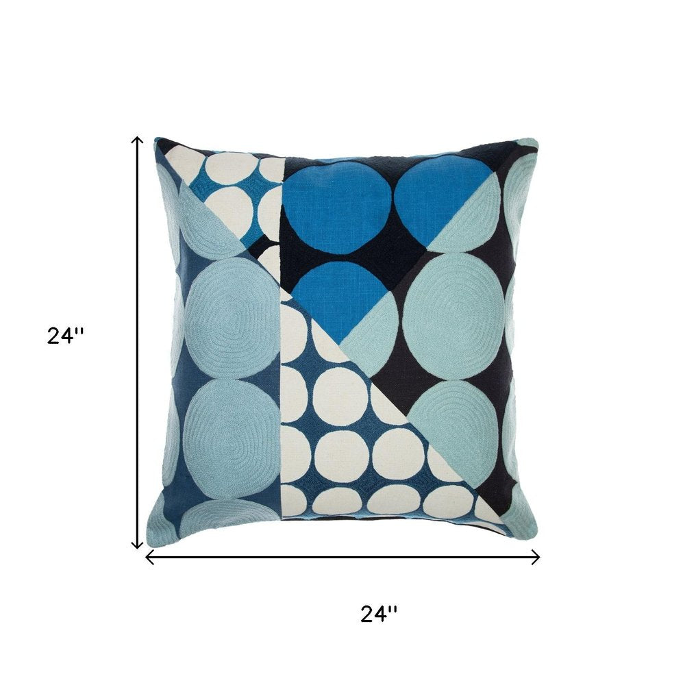 24" Blue And Ivory Geometric Cotton Throw Pillow Cover