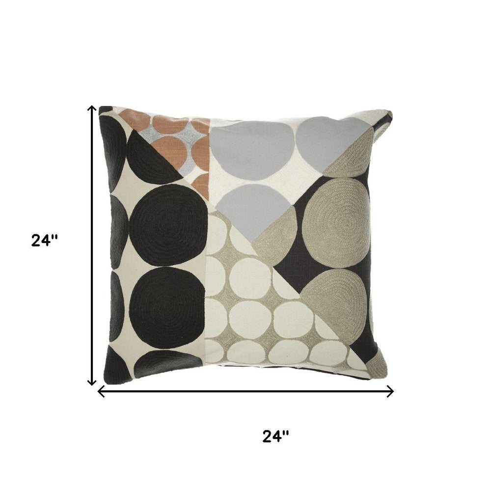 24" Black And Beige Geometric Cotton Throw Pillow Cover
